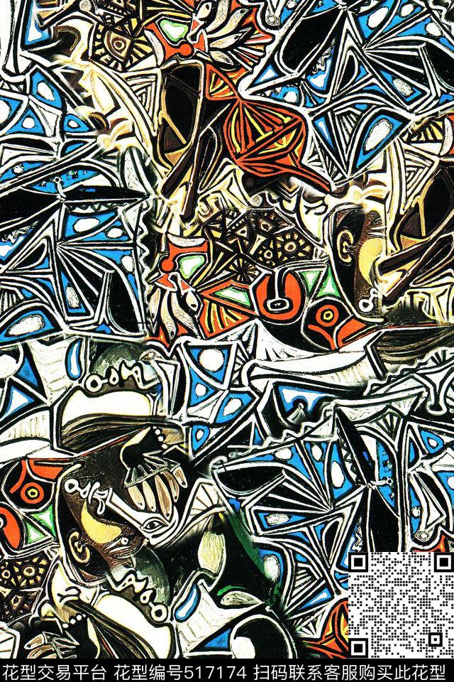 时尚复古高雅毕加索油画抽象几何时尚复古高雅毕加索油画抽象几何男装女装涂鸦水彩水墨欧美西班牙H【抽象】数码印花华亿平台下载（图片编号: 517174） - 瓦栏（Walan）