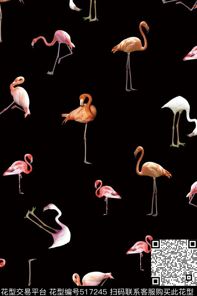 潮流时尚大牌手绘油画火烈鸟动物鸟类数码印花华亿平台下载（图片编号: 517245） - 瓦栏（Walan）