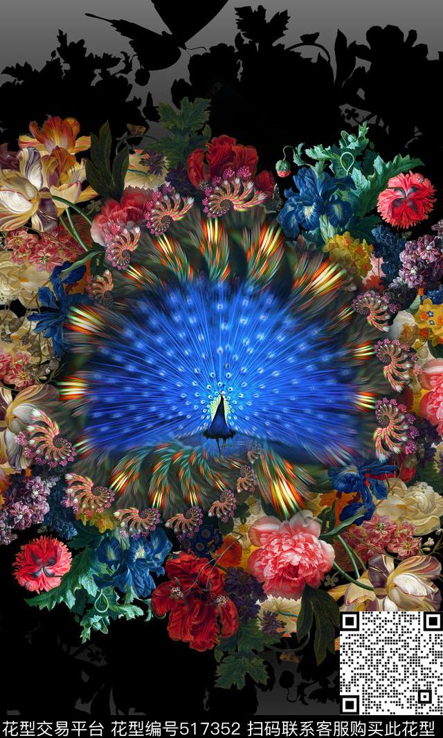 花卉底纹花卉油画孔雀数码印花华亿平台下载（图片编号: 517352） - 瓦栏（Walan）