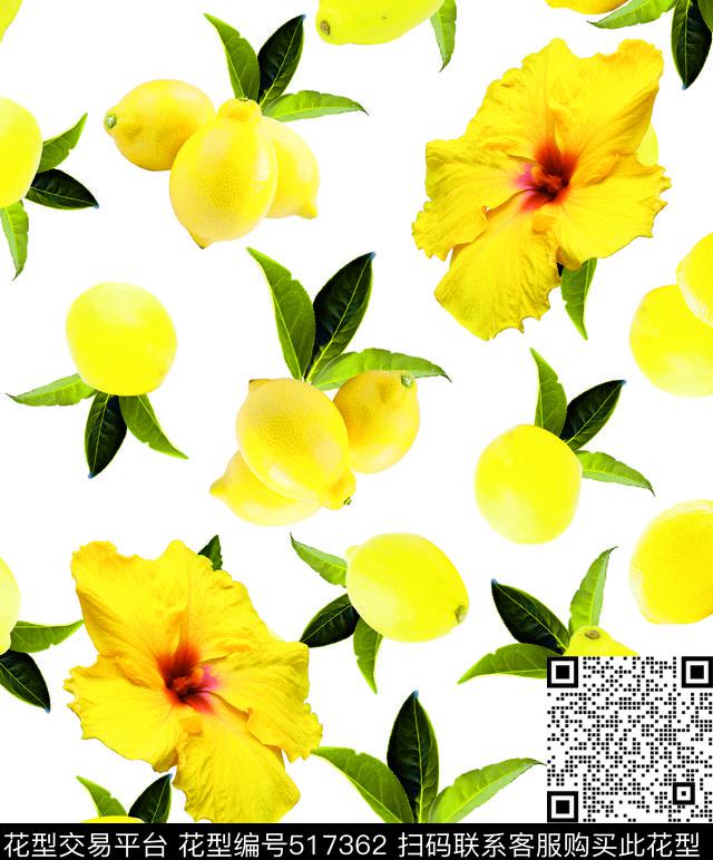 黄色花柠檬时尚花卉数码印花华亿平台下载（图片编号: 517362） - 瓦栏（Walan）