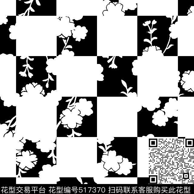 单色格子花卉传统印花华亿平台下载（图片编号: 517370） - 瓦栏（Walan）