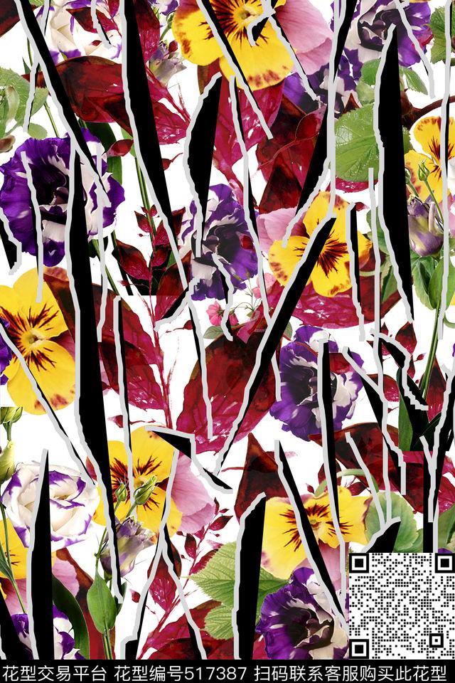 手绘几何花卉数码印花华亿平台下载（图片编号: 517387） - 瓦栏（Walan）
