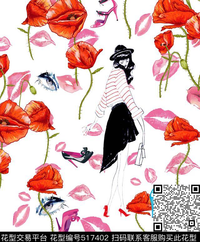 潮流时尚魅力魅力女人罂粟花口红眼睛高跟鞋罂粟花数码印花华亿平台下载（图片编号: 517402） - 瓦栏（Walan）