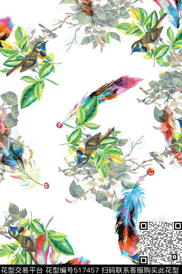 水彩羽毛花卉国画鸟数码印花华亿平台下载（图片编号: 517457） - 瓦栏（Walan）