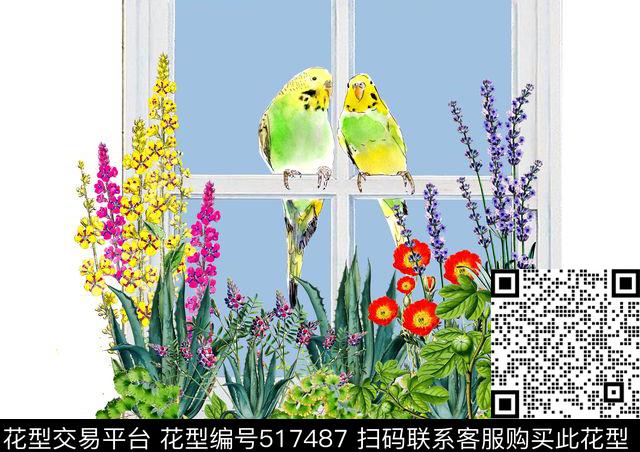 现代花植物鸟窗户风景传统印花华亿平台下载（图片编号: 517487） - 瓦栏（Walan）