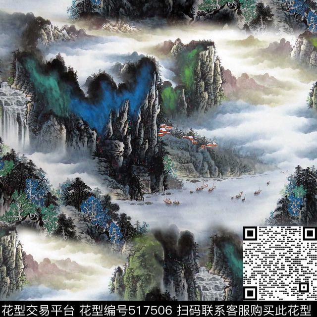 优雅清新时尚水墨山水数码印花华亿平台下载（图片编号: 517506） - 瓦栏（Walan）