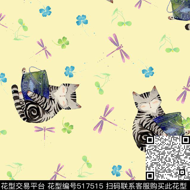 蜻蜓时尚小猫田园风数码印花华亿平台下载（图片编号: 517515） - 瓦栏（Walan）