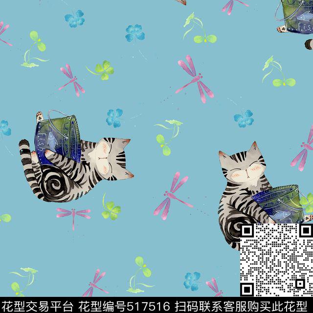 时尚小猫蜻蜓小花数码印花华亿平台下载（图片编号: 517516） - 瓦栏（Walan）