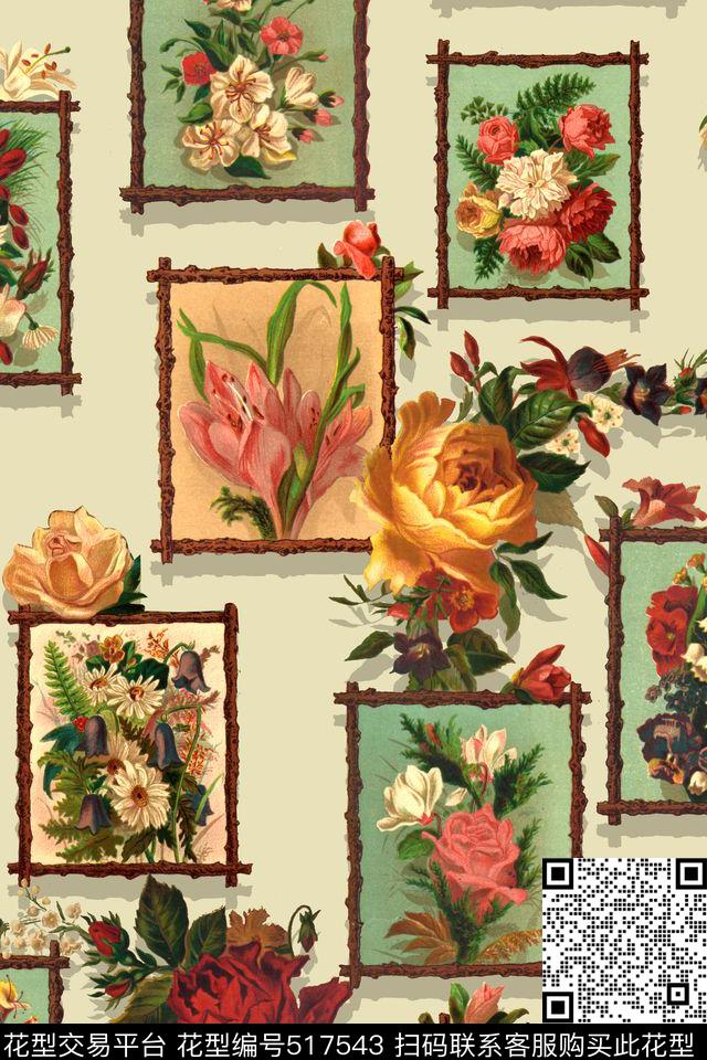 时尚画框花卉数码印花华亿平台下载（图片编号: 517543） - 瓦栏（Walan）