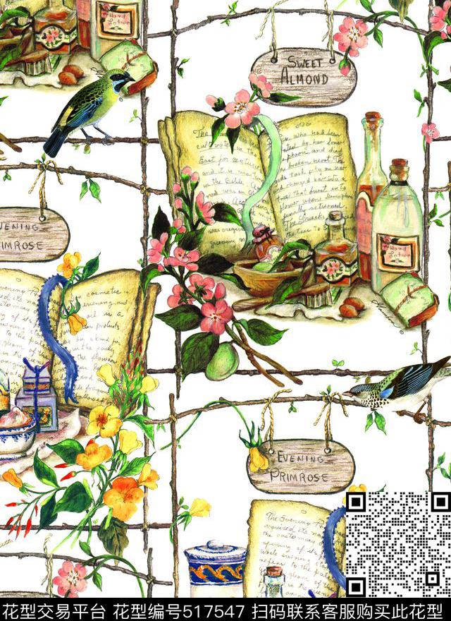 时尚枝干书本数码印花华亿平台下载（图片编号: 517547） - 瓦栏（Walan）