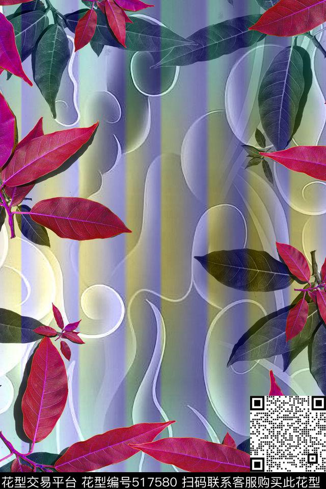 抽象几何底春夏复古风欧美风简约树叶数码印花华亿平台下载（图片编号: 517580） - 瓦栏（Walan）