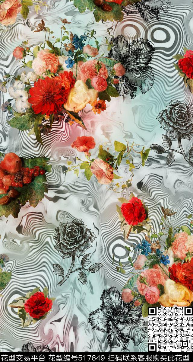 满版花卉油画花卉花数码印花华亿平台下载（图片编号: 517649） - 瓦栏（Walan）