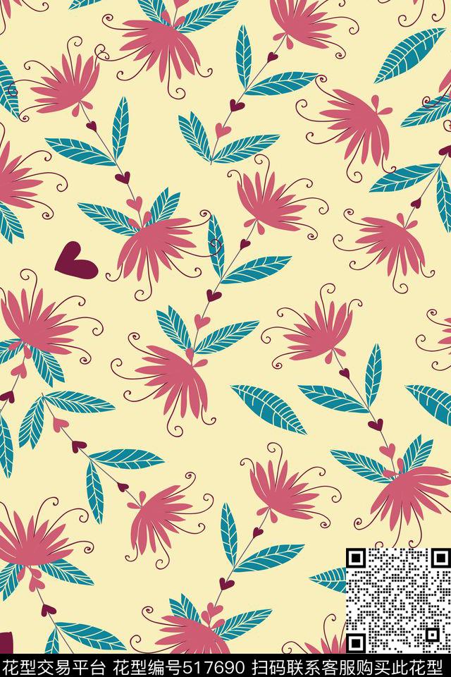 满版花卉叶子传统印花华亿平台下载（图片编号: 517690） - 瓦栏（Walan）