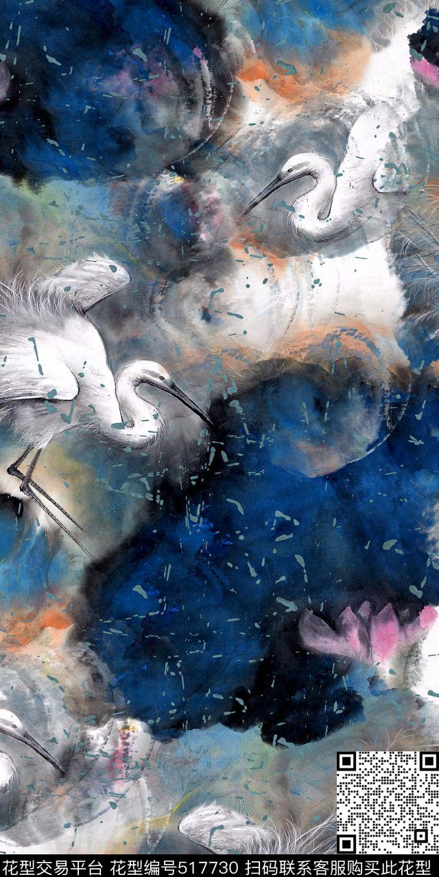 中国风水墨荷花数码印花华亿平台下载（图片编号: 517730） - 瓦栏（Walan）