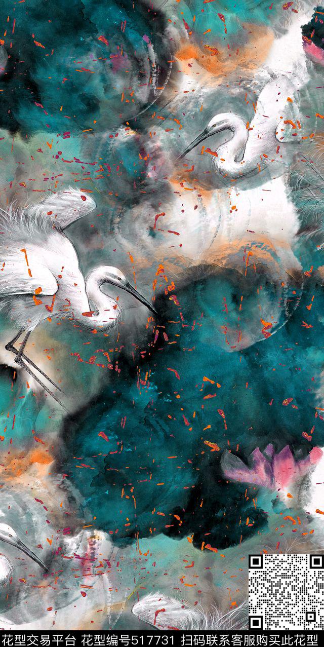 中国风水墨荷花数码印花华亿平台下载（图片编号: 517731） - 瓦栏（Walan）