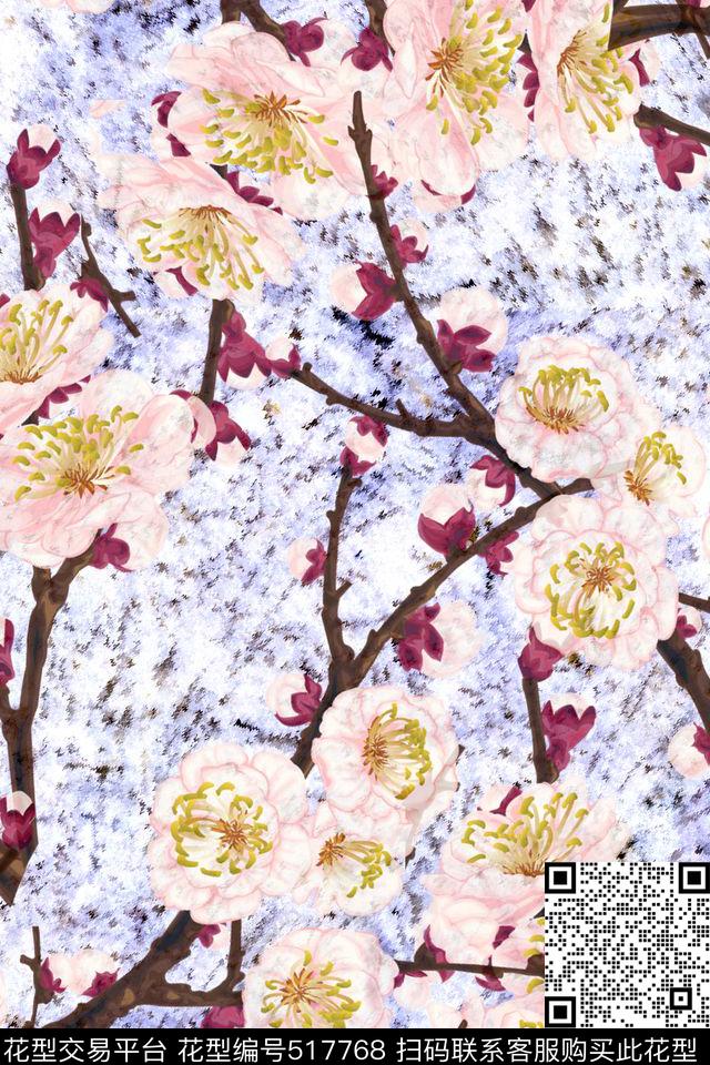 流行时尚手绘梅花水波石纹数码印花华亿平台下载（图片编号: 517768） - 瓦栏（Walan）