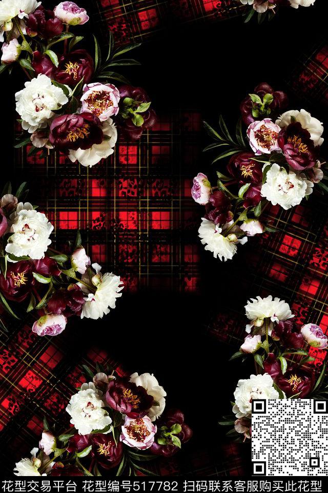 写实花卉经典格子秋冬华亿平台数码印花华亿平台下载（图片编号: 517782） - 瓦栏（Walan）