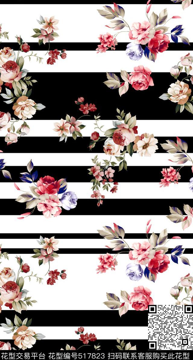 潮流时尚手绘花卉条纹几何数码印花华亿平台下载（图片编号: 517823） - 瓦栏（Walan）