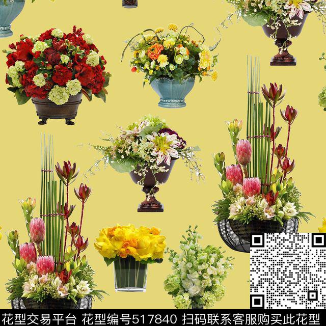时尚插花花卉数码印花华亿平台下载（图片编号: 517840） - 瓦栏（Walan）