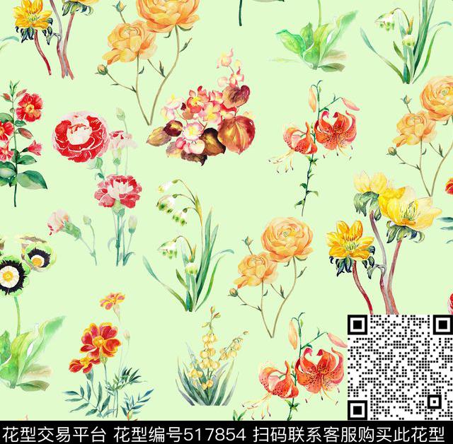 时尚水彩花卉数码印花华亿平台下载（图片编号: 517854） - 瓦栏（Walan）