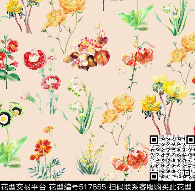 时尚水彩花卉数码印花华亿平台下载（图片编号: 517855） - 瓦栏（Walan）
