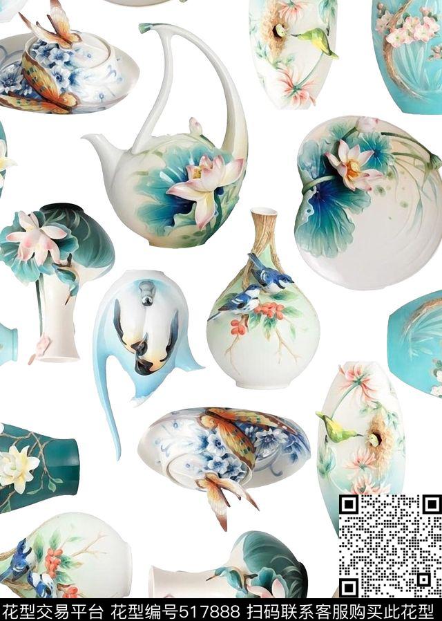 青花瓷时尚中国风数码印花华亿平台下载（图片编号: 517888） - 瓦栏（Walan）