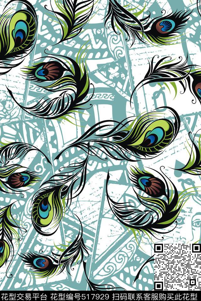 抽象图案孔雀羽毛休闲风传统印花华亿平台下载（图片编号: 517929） - 瓦栏（Walan）