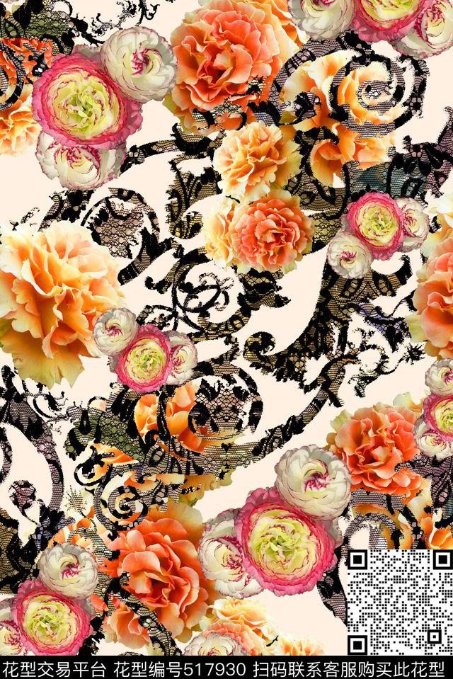 花卉蕾丝欧式花纹数码印花华亿平台下载（图片编号: 517930） - 瓦栏（Walan）