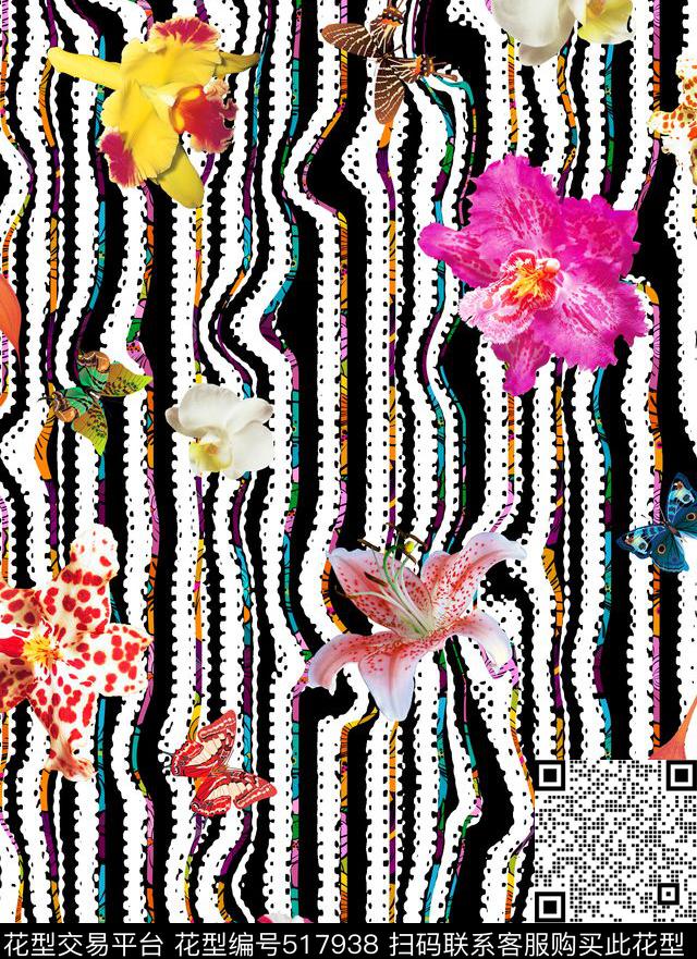 花卉条纹E-花卉几何/Flowers数码印花华亿平台下载（图片编号: 517938） - 瓦栏（Walan）