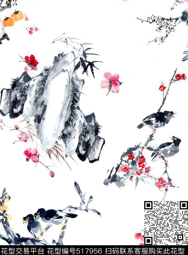 水墨山水花鸟数码印花华亿平台下载（图片编号: 517956） - 瓦栏（Walan）