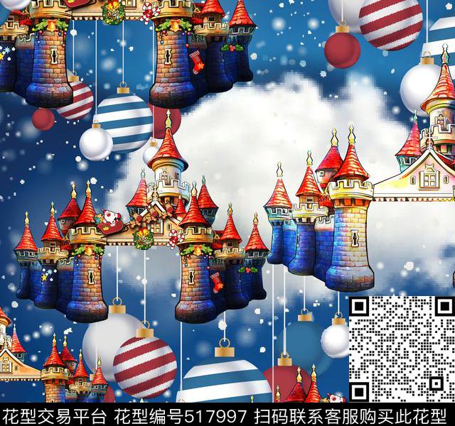 欧美手绘圣诞城堡彩球云彩流行时尚数码印花华亿平台下载（图片编号: 517997） - 瓦栏（Walan）
