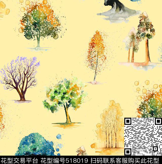 复古水彩树木数码印花华亿平台下载（图片编号: 518019） - 瓦栏（Walan）