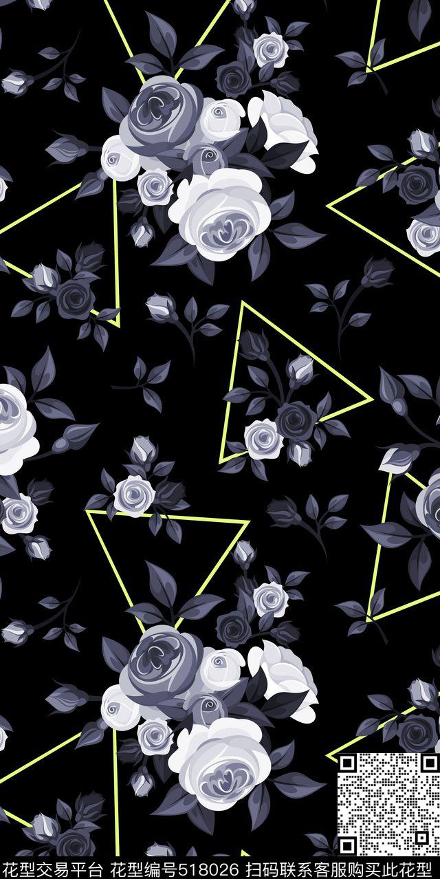 花卉几何玫瑰花数码印花华亿平台下载（图片编号: 518026） - 瓦栏（Walan）