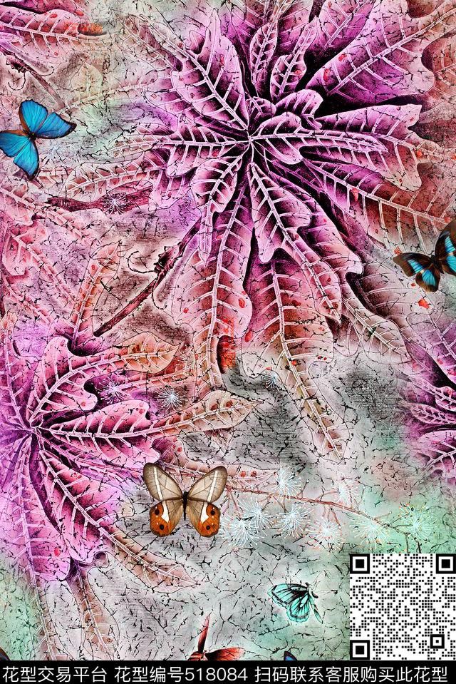 花卉蝴蝶手绘工笔数码印花华亿平台下载（图片编号: 518084） - 瓦栏（Walan）