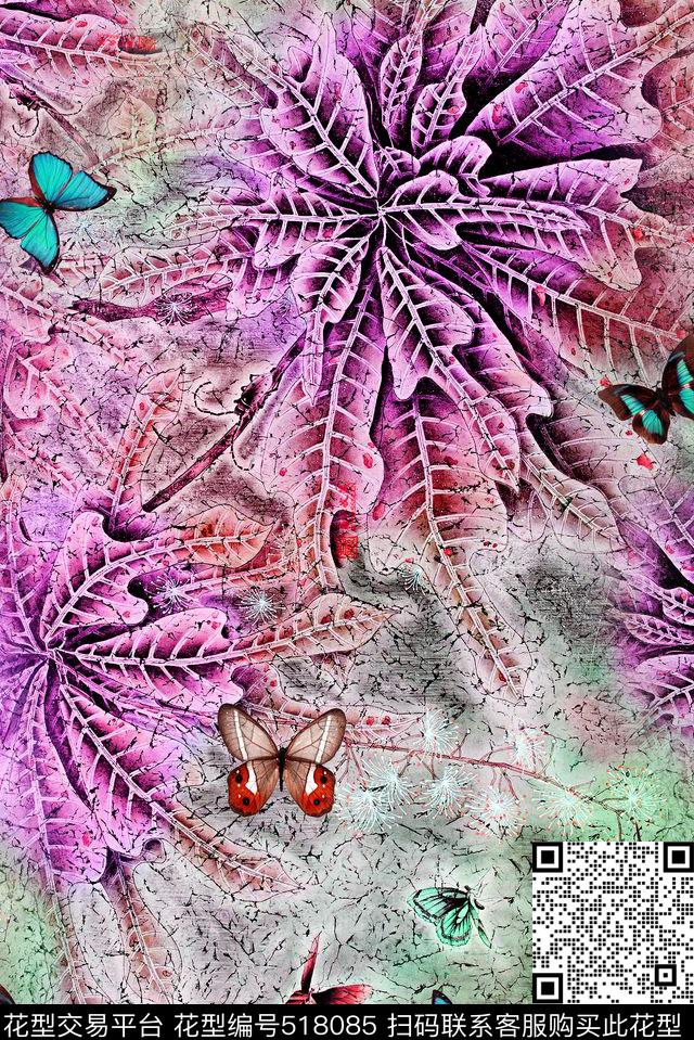 手绘工笔花卉蝴蝶数码印花华亿平台下载（图片编号: 518085） - 瓦栏（Walan）