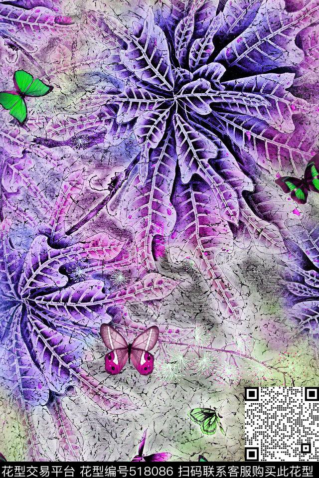 手绘工笔花卉蝴蝶数码印花华亿平台下载（图片编号: 518086） - 瓦栏（Walan）