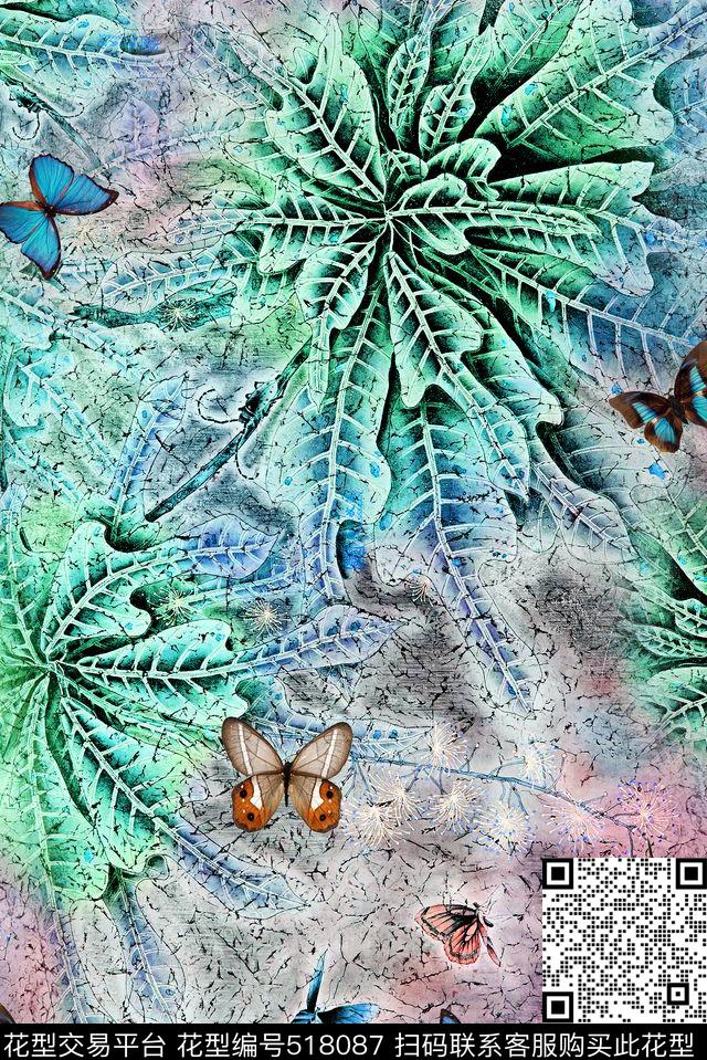 手绘工笔花卉蝴蝶数码印花华亿平台下载（图片编号: 518087） - 瓦栏（Walan）
