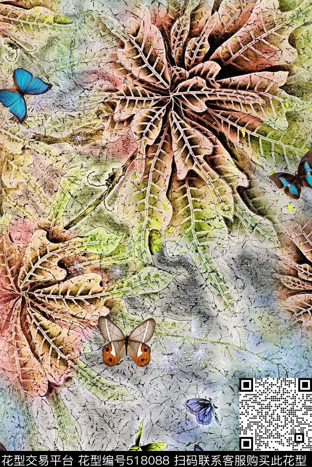 手绘工笔花卉蝴蝶数码印花华亿平台下载（图片编号: 518088） - 瓦栏（Walan）