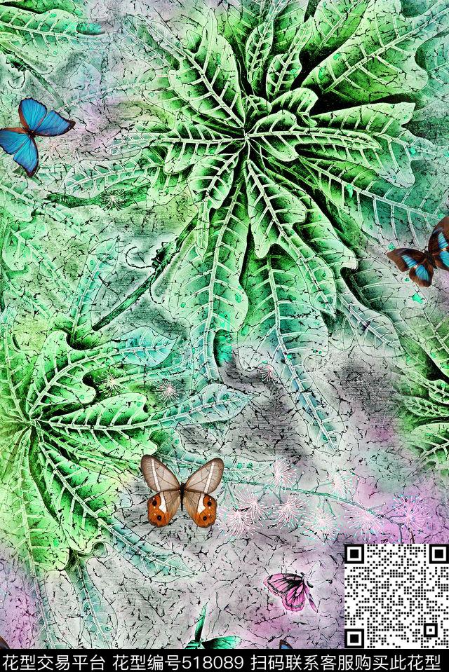手绘工笔花卉蝴蝶数码印花华亿平台下载（图片编号: 518089） - 瓦栏（Walan）