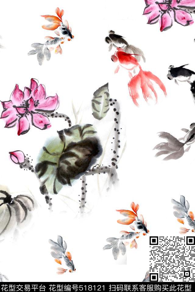 水墨荷花鱼数码印花华亿平台下载（图片编号: 518121） - 瓦栏（Walan）