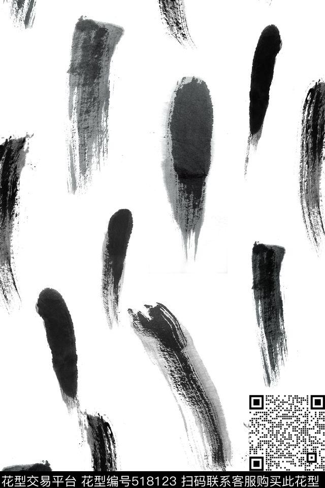 笔触水墨中国风数码印花华亿平台下载（图片编号: 518123） - 瓦栏（Walan）