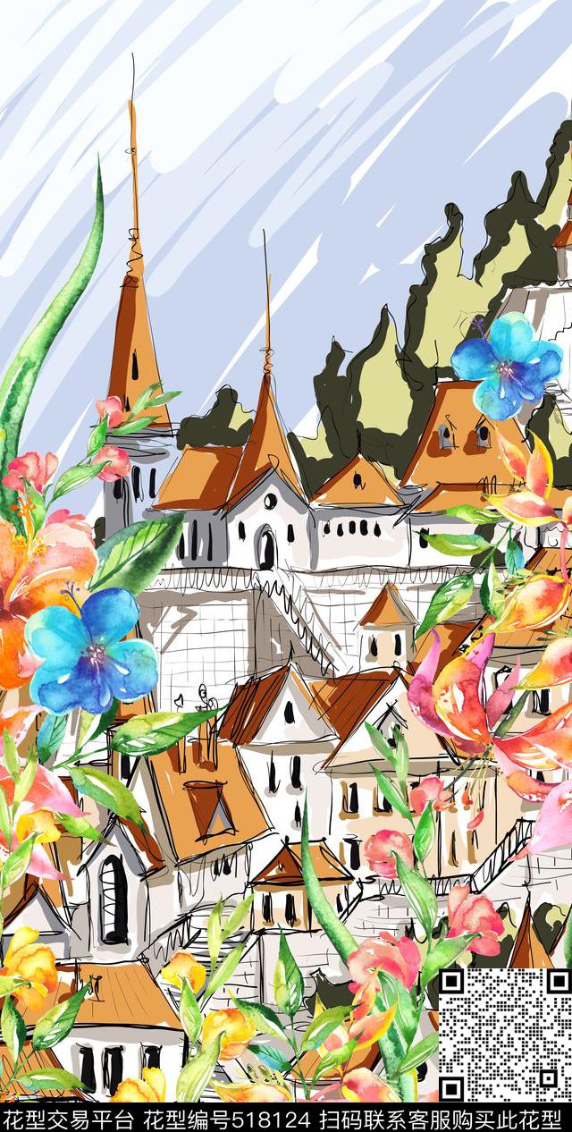 定位花卉手绘建筑数码印花华亿平台下载（图片编号: 518124） - 瓦栏（Walan）