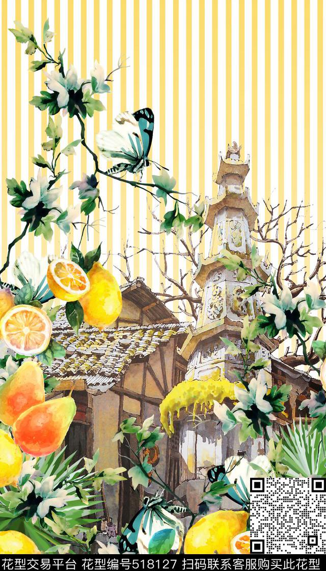 定位手绘建筑柠檬数码印花华亿平台下载（图片编号: 518127） - 瓦栏（Walan）