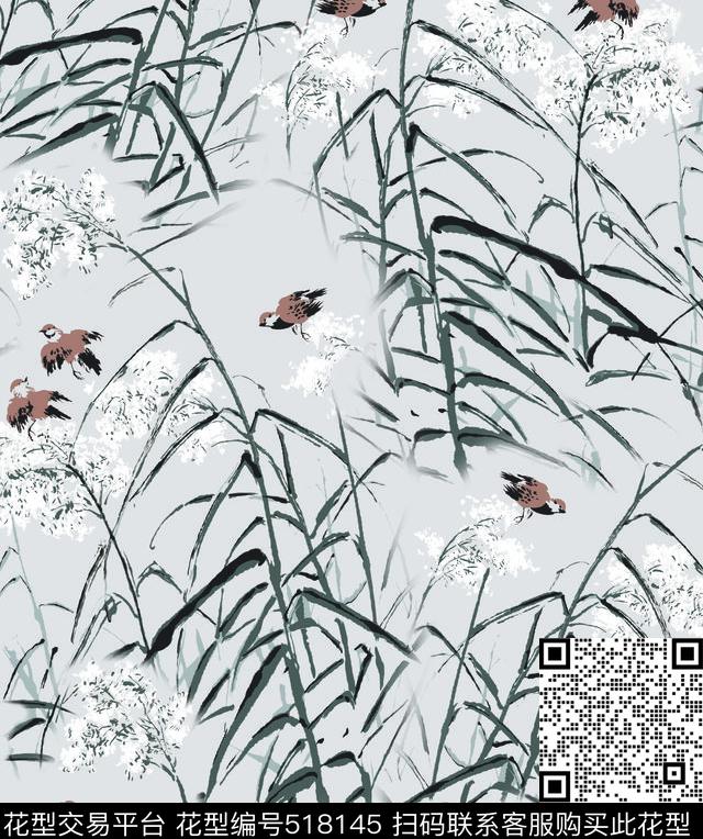 大牌鸟水墨数码印花华亿平台下载（图片编号: 518145） - 瓦栏（Walan）
