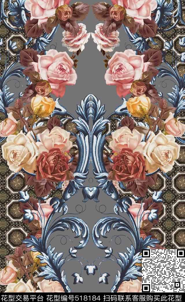 潮流时尚定位复古花手绘玫瑰花数码印花华亿平台下载（图片编号: 518184） - 瓦栏（Walan）
