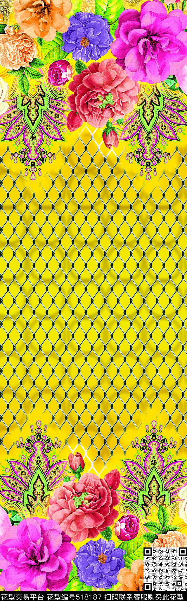 潮流手绘抽象花卉花纹数码印花华亿平台下载（图片编号: 518187） - 瓦栏（Walan）