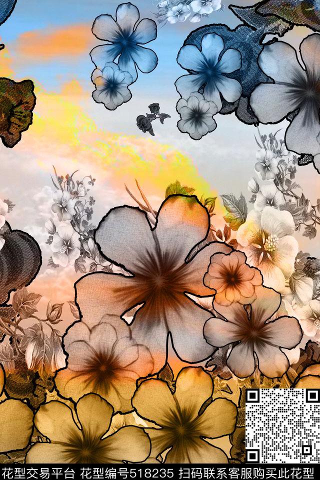 复古风景花卉数码印花华亿平台下载（图片编号: 518235） - 瓦栏（Walan）