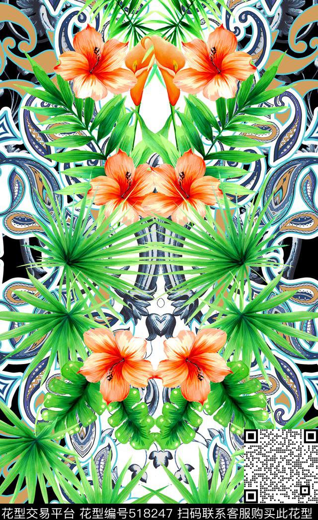 潮流时尚定位植物叶佩斯利数码印花数码印花华亿平台下载（图片编号: 518247） - 瓦栏（Walan）