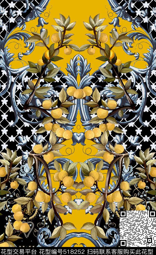 潮流时尚定位复古手绘宫廷风数码印花华亿平台下载（图片编号: 518252） - 瓦栏（Walan）