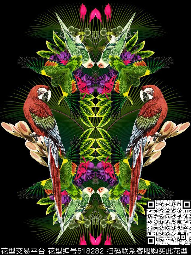 欧美时尚休闲热带植物热带鸟类数码印花华亿平台下载（图片编号: 518282） - 瓦栏（Walan）